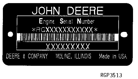Two Line Bar Coded Engine Serial Number Plate RGP3513 A.1 First Line 1. Designates Engine Manufacturer. RG - John Deere Engine Works 2. Designates Number Of Cylinders. 6 Cylinder 3.
