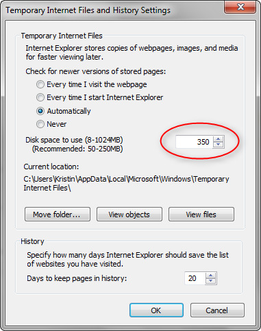 B. INCREASE DISK SPACE FOR TEMPORARY INTERNET FILES To ensure internet files for Akoya.net are not being deleted, increase your Temporary Internet Files disk space.