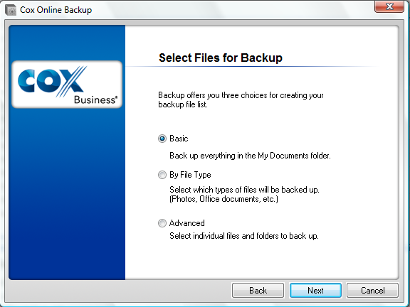 Configuring Cox Business Premium Online Backup 3. Online Backup will prompt you to select files for your initial backup.