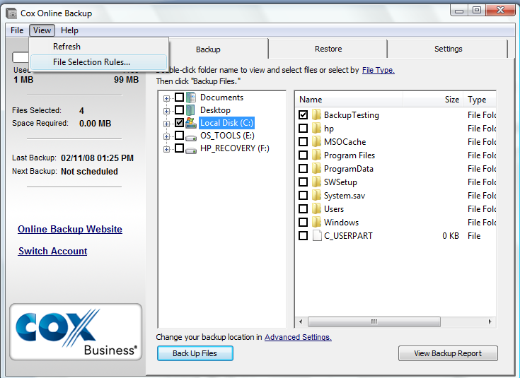 Using Cox Business Premium Online Backup In the File Selection Rules screen, you can add or remove rules, as well as set up rules to specifically exclude files from being uploaded.