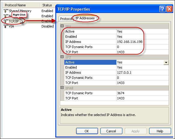 Make sure that the fields 'Active, Enabled and 'TCP Port' are configured with the values, as shown in the below
