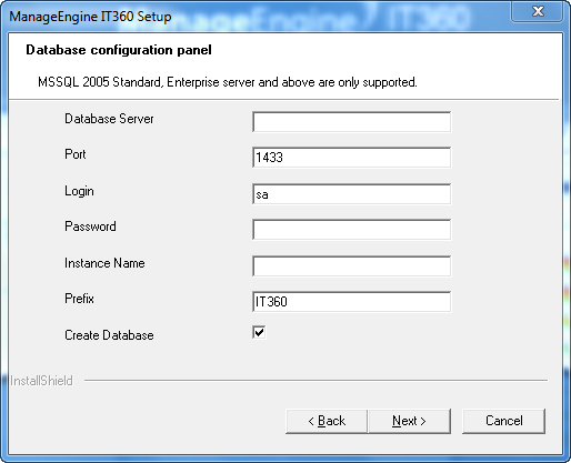 Clicking Next will take you to the Database configuration panel. 13.