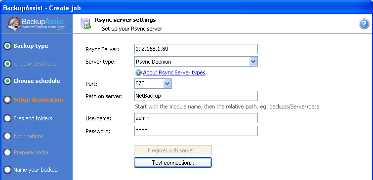 14 iii. Enter in your Rsync server name (or IP address), and choose Rsync Daemon. This option will not encrypt your data. iv. Under Path on server, type in NetBackup v.