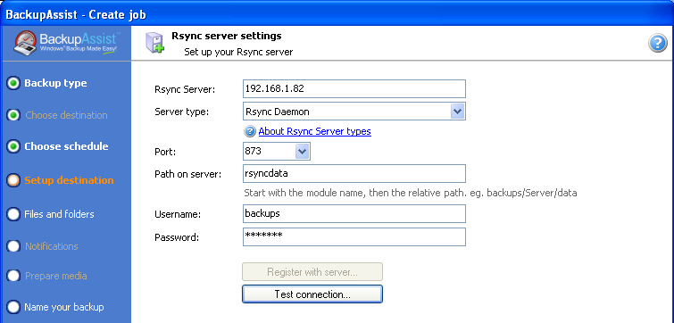 9 iii. Enter in your Rsync server name (or IP address), and choose Rsync Daemon. This option will not encrypt your data. iv. Under Path on server, type in rsyncdata v.