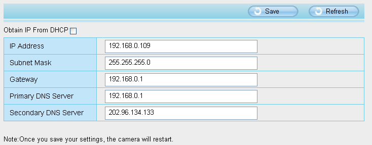 3.3 Network This section will allow you to configure your camera s IP, PPOE, DDNS, Wireless Settings, UPnP and Port. 3.3.1 IP Configuration If you want to set a static IP for the camera, please go to IP Configuration page.
