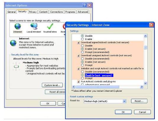 Enable: Initialize and script ActiveX controls not marked as safe Enable: Run ActiveX controls and plug-ins Figure 5.6 If you allow the ActiveX running, but still could not see living video.