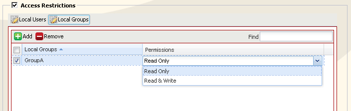10 1 Click [Local Groups]. 2 Click [Add]. 11 1 Check the group you created step 4. 2 Click [Add]. 12 Select level of access privileges for group you added from [Read Only] or [Read & Write].
