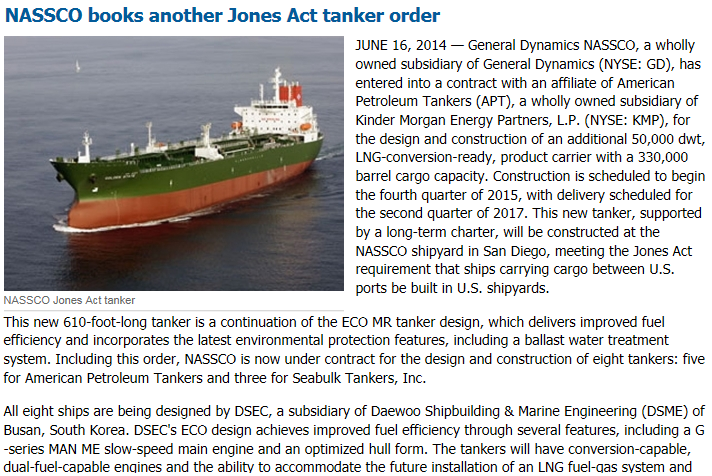 16 June 2014 American Petroleum Tankers APT orders another LNG ready tanker from NASSCO Source: http://www.