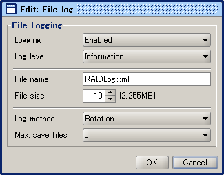Embedded MegaRAID SATA User's Guide File log table: File log Option Setting Description Logging Enabled Cannot be changed Log level Information Cannot be changed File name RAIDLog.