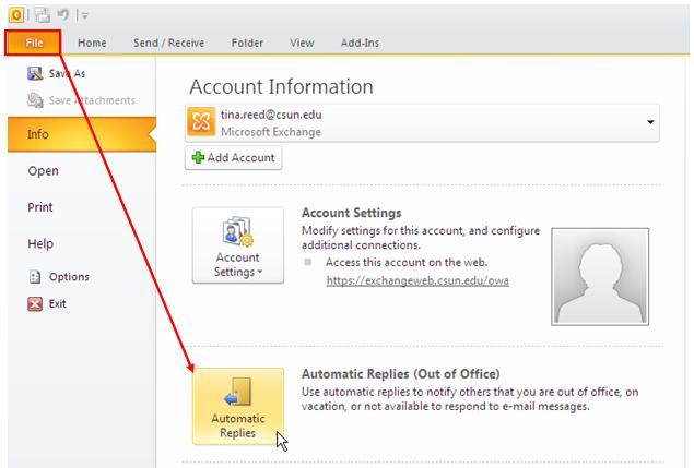 Figure14 File > Automatic Replies Option 2. In the Automatic Replies window, Do not send automatic replies is the default setting.
