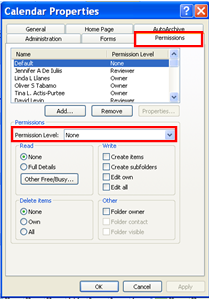 3. In the Calendar Properties window, select the Permissions tab. Figure 21. Figure 21 Calendar Permissions 4.