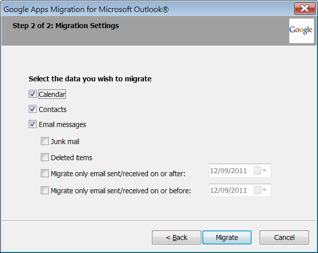 12. Choose whether or not to migrate archived Calendar and Contact entries and specific portions of email.