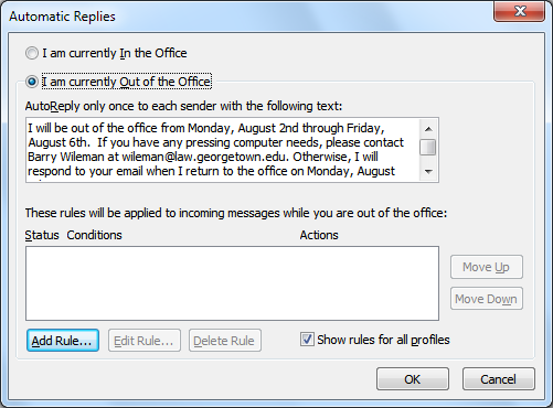 Organizing Messages Creating an Automatic Reply (Out of Office Message) 1. Open Outlook. 2. Click on the File tab and select the Info option. 3. The Account Information page will open. 4.