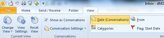 The Conversations View In Outlook 2010, emails can be organized by Conversation or email thread. A Conversation is the complete chain of email messages from the first message through all responses.