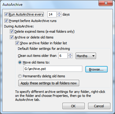 8. The AutoArchive dialog will appear. 9. Enable the Run AutoArchive Every field. 10. Specify how often to run AutoArchive (the default is 14 days) and select any other options that you want. 11.