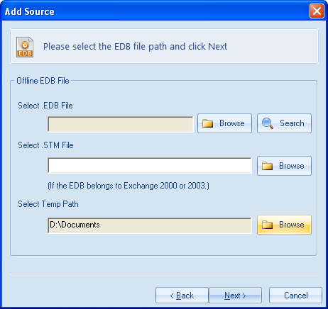 Figure: Selecting Offline EDB Option 3. In the next page, use Browse button to locate and add the intended EDB file.