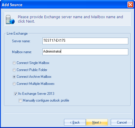 Figure: Select Archive Mailbox 3. Enter the name of Exchange Server 2010 or 2013 to which you want to connect. 4. Enter the Mailbox name on which the Archiving is enabled. 5.