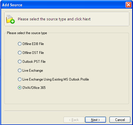3.4 Adding OWA/Office 365 in Source Follow the given steps to add OWA/Office 365 in source: 1. Click on the Add Source Option under File Menu. 2.