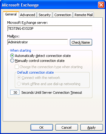 Figure: General Tab 7. Click on Check Name button on General tab to check if mailbox exists on the Exchange Server. This will display the dialog box asking for login credentials.