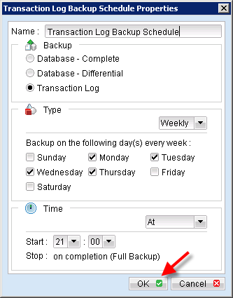 6 of 10 1/31/2014 4:08 PM Set the schedule options for the database backup set. By default, the Transaction logs are scheduled to be backed up Monday through Thursday at 21:00 hours (9pm).