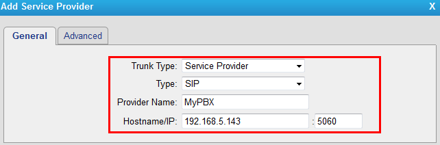 Figure 4 Trunk Type: Service Provider Provider Name: MyPBX Hostname/IP: 192.168.5.143 After saving and applying the changes, you will see the trunk is Registered in Line Status.