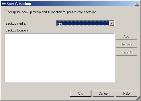 3. The Specify Backup screen appears. Select File or Tape in Backup media: and click [Add].