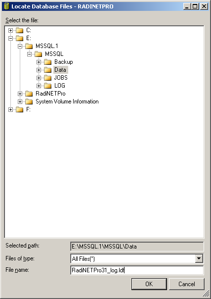 9. The Restore Database - RadiNETPro40 screen reappears. Click [ ] of RadiNETPro40_log. 10. The Locate Database Files - RADINETPRO screen appears.