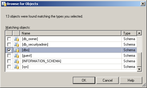 11. The Select Login screen reappears. Click [OK]. 12. The Database User - New screen reappears. Click [ ] of Default Schema:. 13.