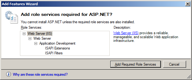 20. The Web Server (IIS) screen appears. Click [Next]. 21. The Select Role Services screen appears. Check the ASP.NET checkbox. 22.