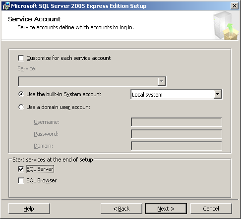 11. The Instance Name screen appears. Select Default instance and then click [Next]. 12. The Service Account screen appears. Set the following items and then click [Next].