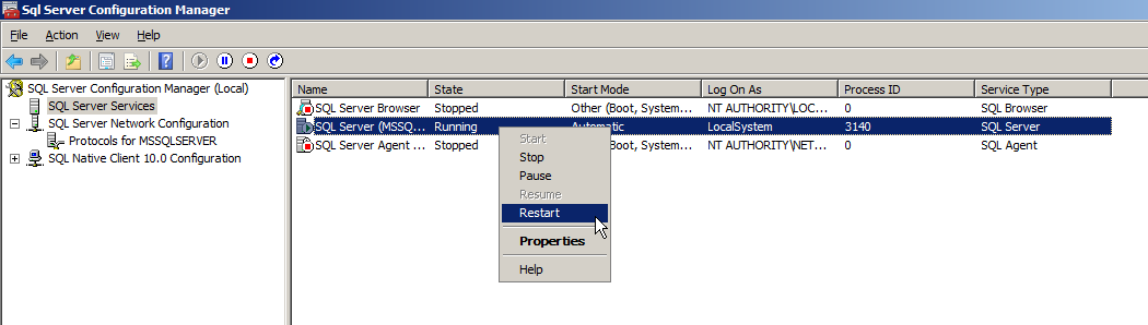 The setting of SQL Server 2008 Express Edition Procedure 1. Click [Start] [All Programs] [Microsoft SQL Server 2008] [Configuration Tools] [SQL Server Configuration Manager] in Windows. 2. The SQL Server Configuration Manager screen appears.
