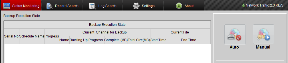 Chapter 5 Remote Backup 5.1 Starting Auto Backup Click the tab on the main interface to enter the Status Monitoring interface: Click the icon to start the auto backup task, and the icon will become.