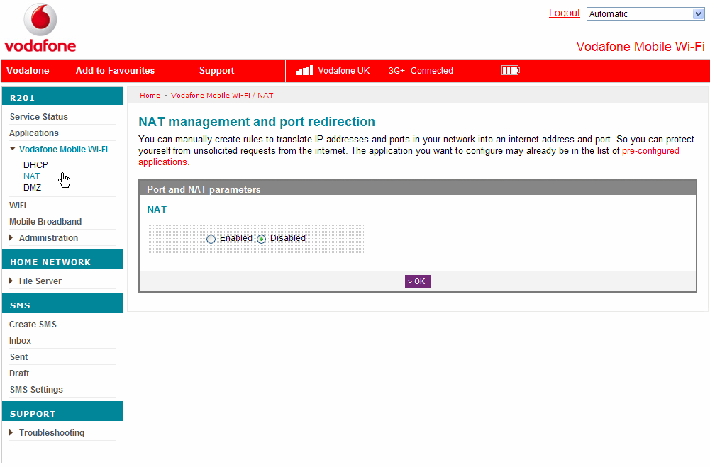 2.4.2 NAT (Network Translation) settings Choose Vodafone Mobile Wi-Fi > NAT from the left hand menu bar.