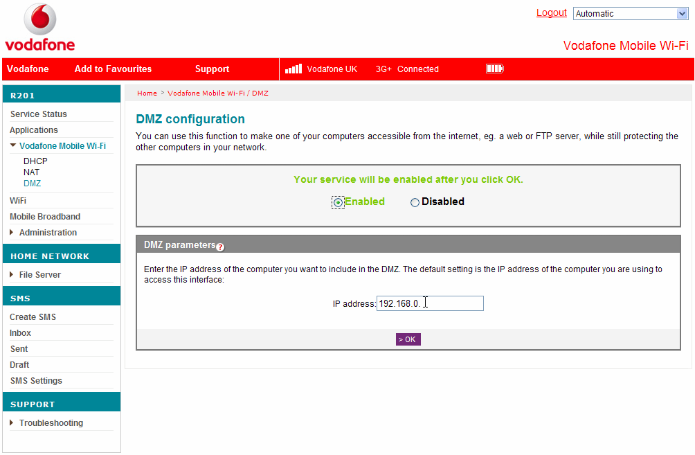 2.4.3 DMZ Configuration Choose Vodafone Mobile Wi-Fi > DMZ from the left hand menu bar.