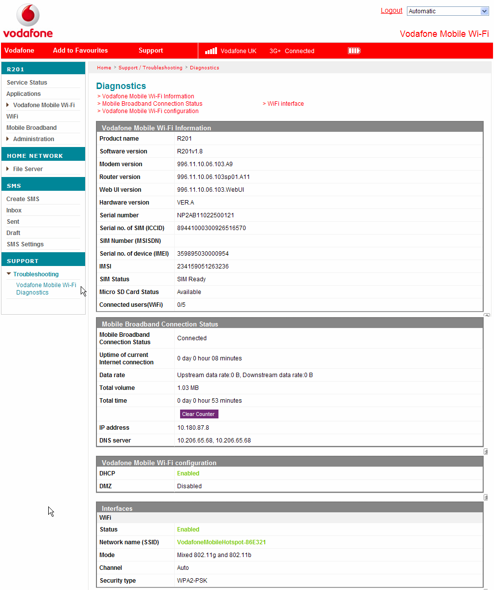3.2 The Diagnostics Screen Choose Vodafone Mobile Wi-Fi Diagnostics from