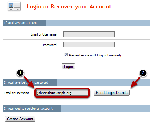 Login or Recover your Account Page This will take you to the Login or Recover your Account page. 1.