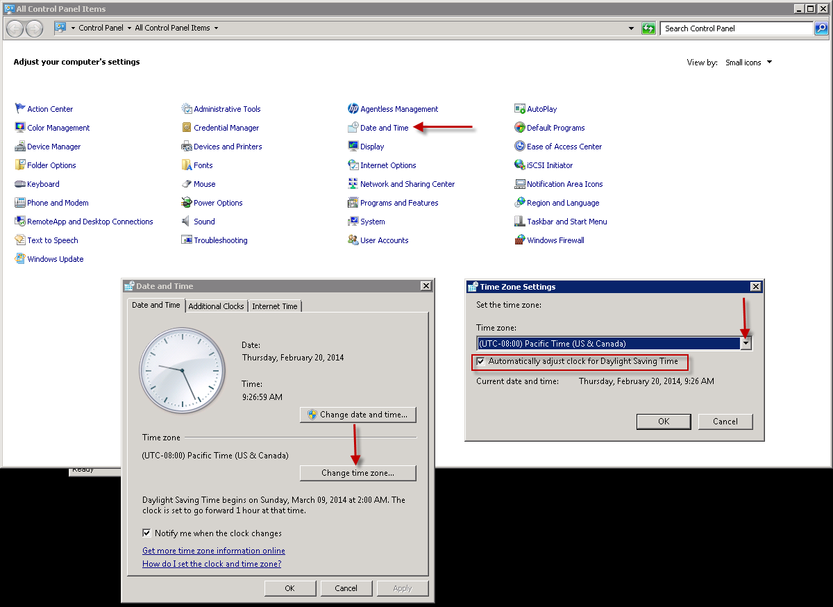 3. Select the Turn Windows Firewall On or Off link. The firewall settings can be checked / enabled. Time & Date Settings 1.