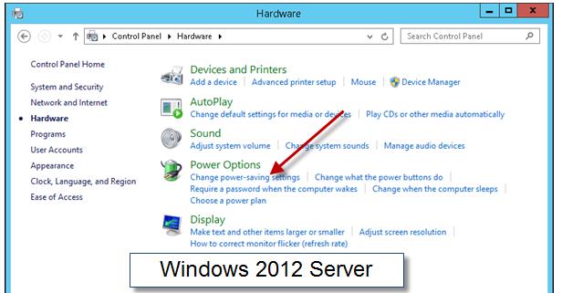With a Windows 2012 server, from the Control Panel select the Hardware link.