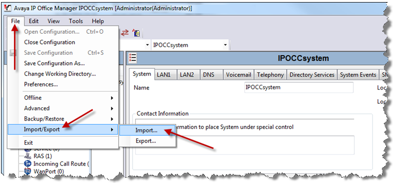 Importing the IP Office Configuration File As part of the installation process you will have previously completed the configuration spread sheet in order to create the Data Import file.