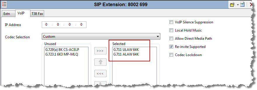 18. Select the SIP extension that was created for the CHAP connection to the IP Office Contact Center server. Click VoIP tab. 19. From the Codec Selection drop down list select Custom. 20.