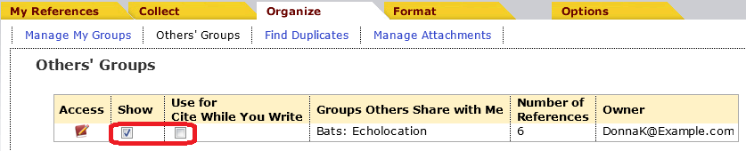 2.3 What the User You Shared Your Group with Will See The user you shared your group with will see your group show up under a Groups Shared by Others heading in their EndNote Web library.