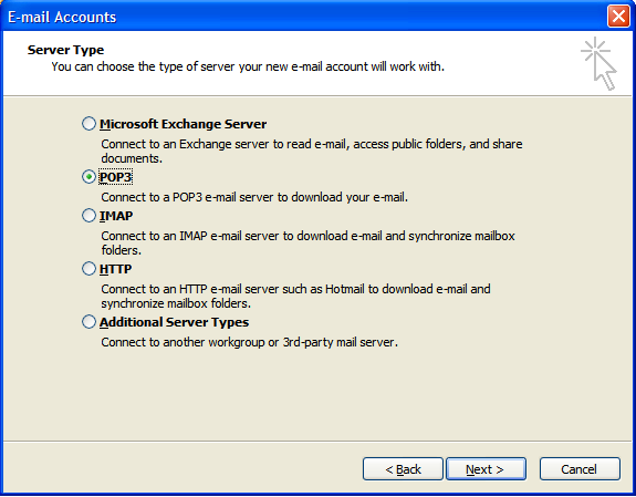 4. For your server type, select POP3 or IMAP, and then click Next. 5.