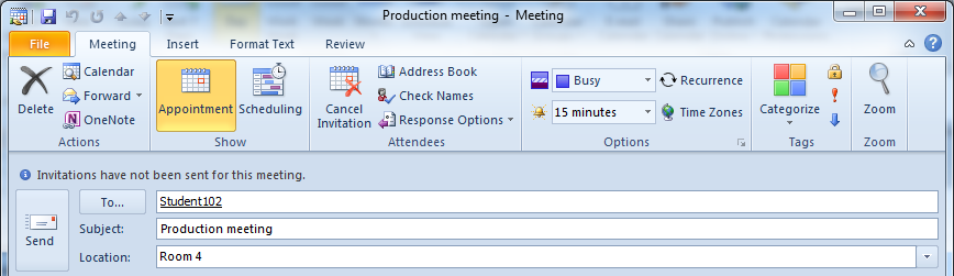 Setting an expiry date for a meeting invitation Use the Meeting Properties dialogue box to set parameters for a meeting invitation before sending. 1. Create the meeting as normal. 2.