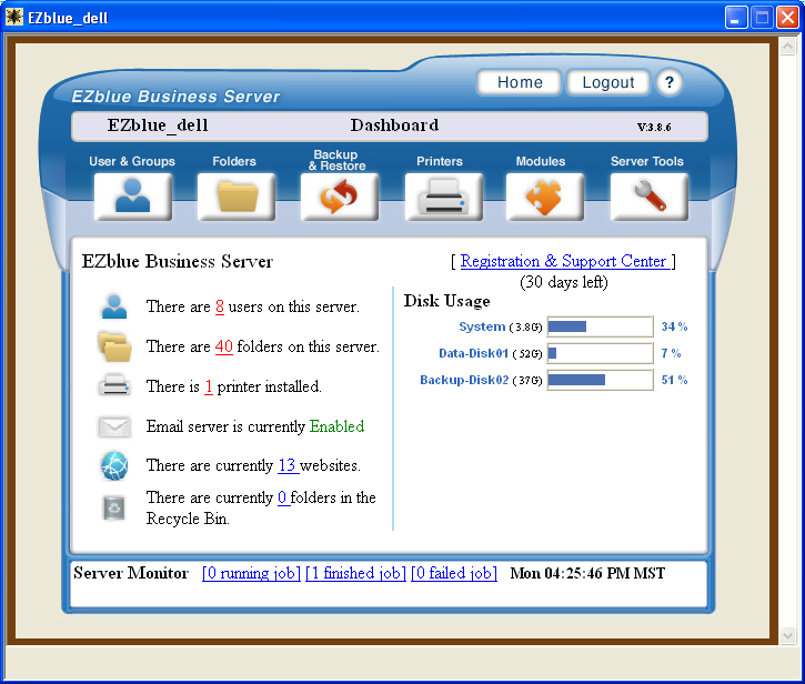 ! EZblue Server Dashboard Screen Shot The server Dashboard gives you complete control of your server!