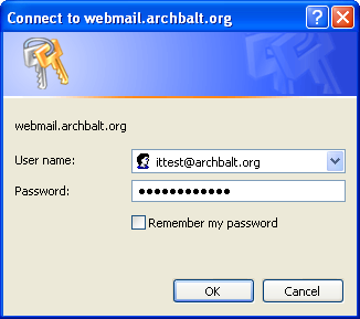 4. Click the ARCHMAIL button. 5. The OWA login window displays. In the User name field, enter your AOB email address. (ittest@archbalt.