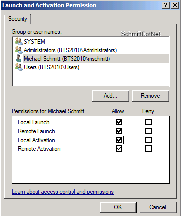 Add the user who will remotely manage Integration Services (mschmitt in this scenario) and Allow Local Launch, Remote