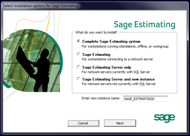 Chapter 3 Installation Figure 3: The Select Installation Options for Sage Estimating Window 2 In the Select installation options for Sage Estimating window, select one of the following options: p