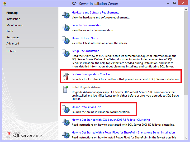 SQL Server Installation 1. Planning. Run System Configuration Checker to look for any potential issues that can prevent the successful installation of SQL Server 2008 R2 Express Edition.