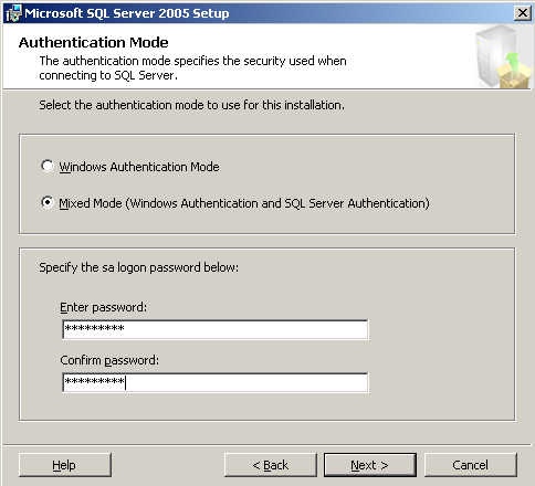 Select Mixed Mode as the Authentication Mode Enter a temporary password for the sa logon account