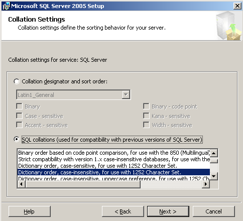 Select SQL collations > Dictionary order,